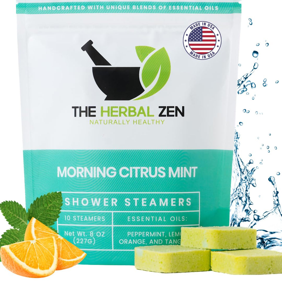 The Herbal Zen Morning Citrus Mint steamers front-pack view for energizing morning ritual.