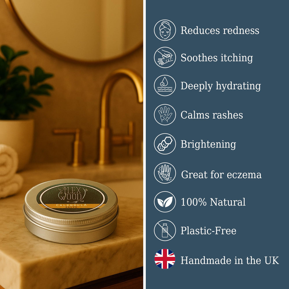 The Ilex Wood Calendula Salve packaging highlights plastic-free, cruelty-free branding.