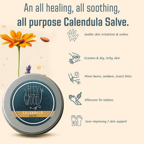 The Ilex Wood Calendula Salve applied to dry skin for gentle relief.