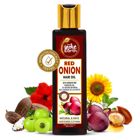 The Indie Earth Red Onion Hair Growth Oil bottle pour aids precise, mess-free application for nourished strands.