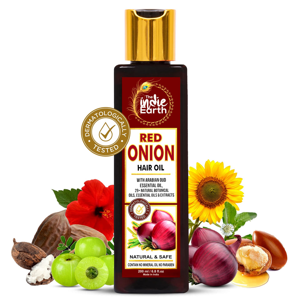 The Indie Earth Red Onion Hair Growth Oil bottle pour aids precise, mess-free application for nourished strands.