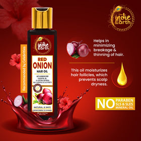 The Indie Earth Red Onion Hair Growth Oil bottle-top design enables controlled dosing for scalp care.