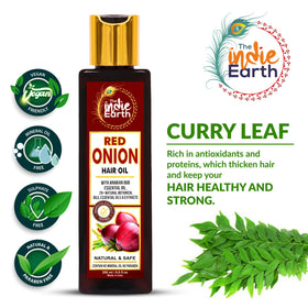 The Indie Earth Red Onion Hair Growth Oil ingredients blend showcases nourishing oils for stronger, healthier hair.