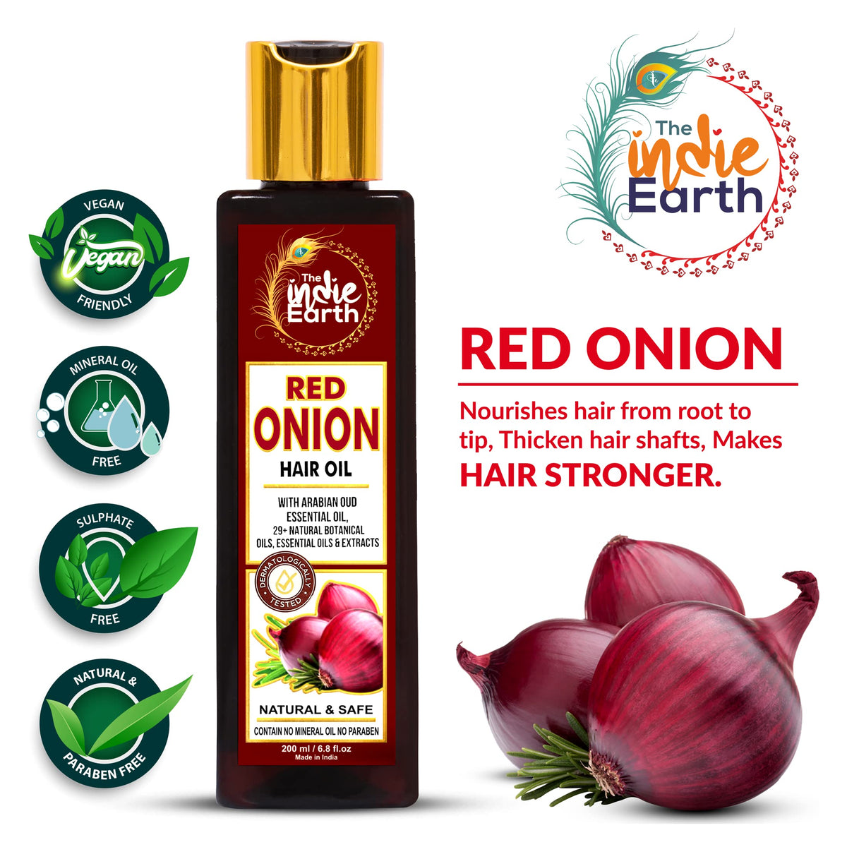 The Indie Earth Red Onion Hair Growth Oil label closeup highlights premium ingredients for scalp nourishment.