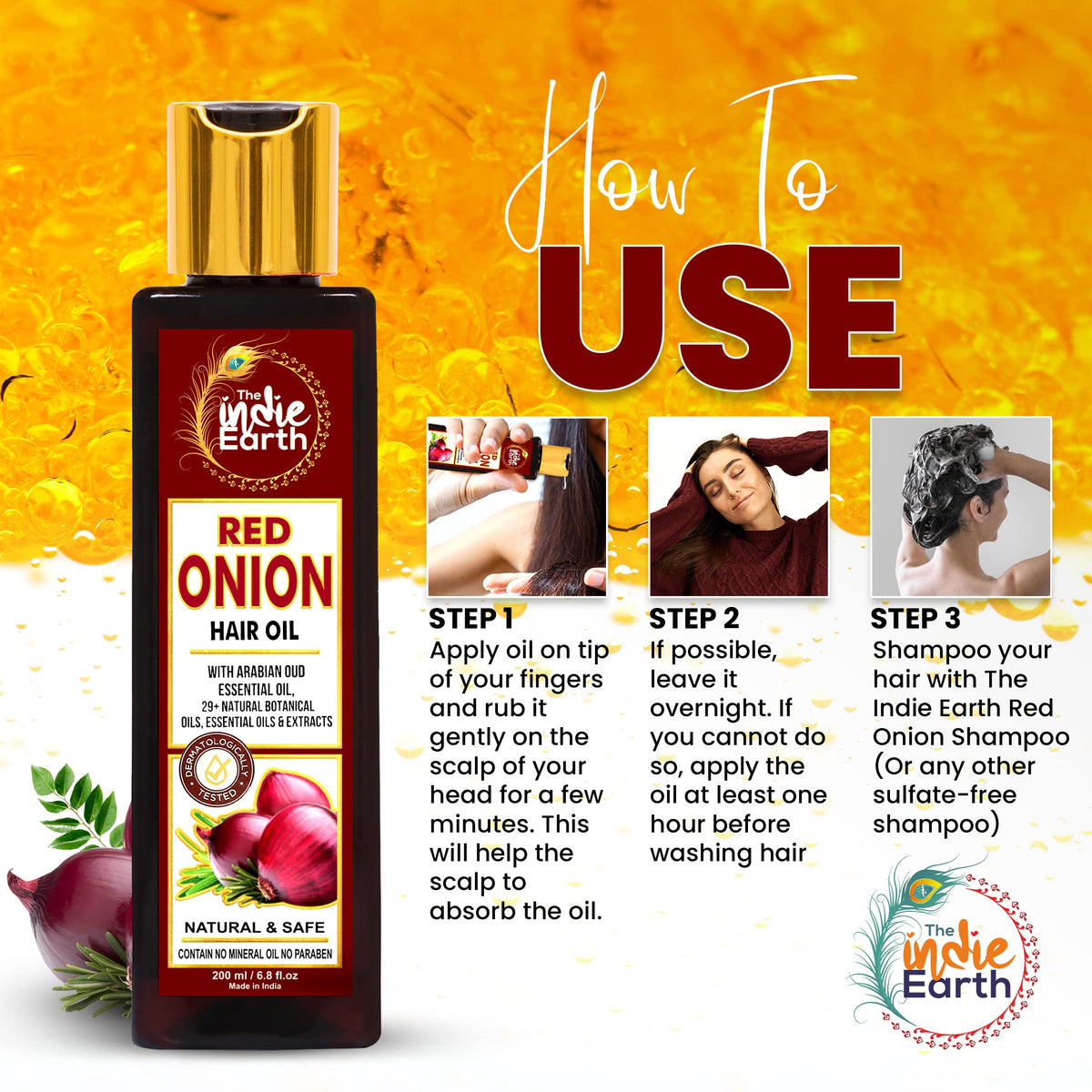 The Indie Earth Red Onion Hair Growth Oil packaging display emphasizes premium formula.