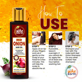 The Indie Earth Red Onion Hair Growth Oil packaging display emphasizes premium formula.