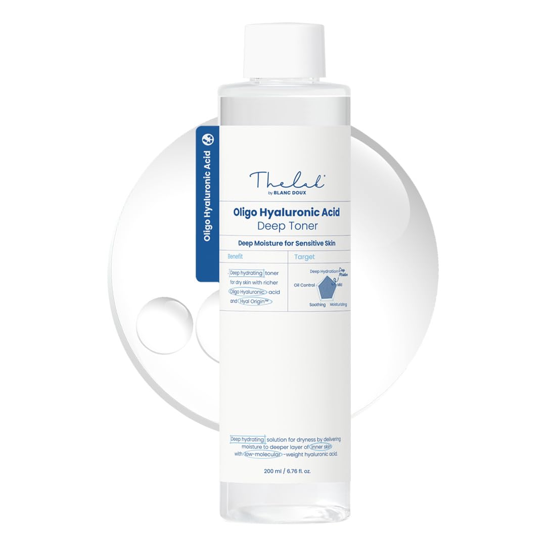The Lab by Blanc Doux Oligo Hyaluronic Toner bottle closeup highlighting hydration for sensitive skin