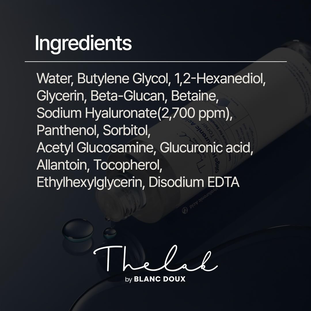 The Lab by Blanc Doux Oligo Hyaluronic Toner ingredients board for reference