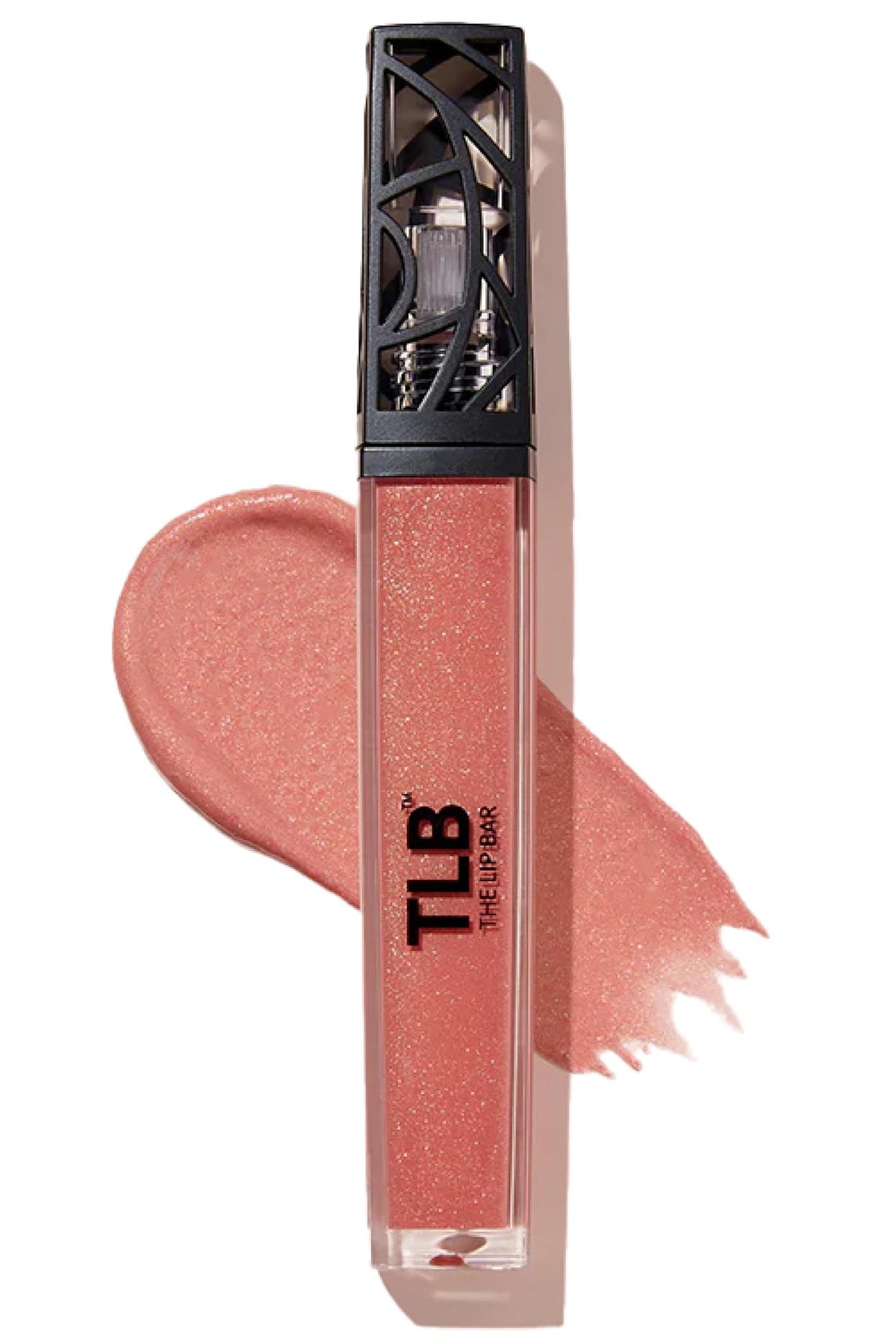 The Lip Bar Baddie shimmer pink gloss adds radiant shine and a sheer wash of color.