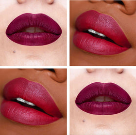 The Lip Bar Rebel matte swatch on lips shows deep burgundy and lasting color.