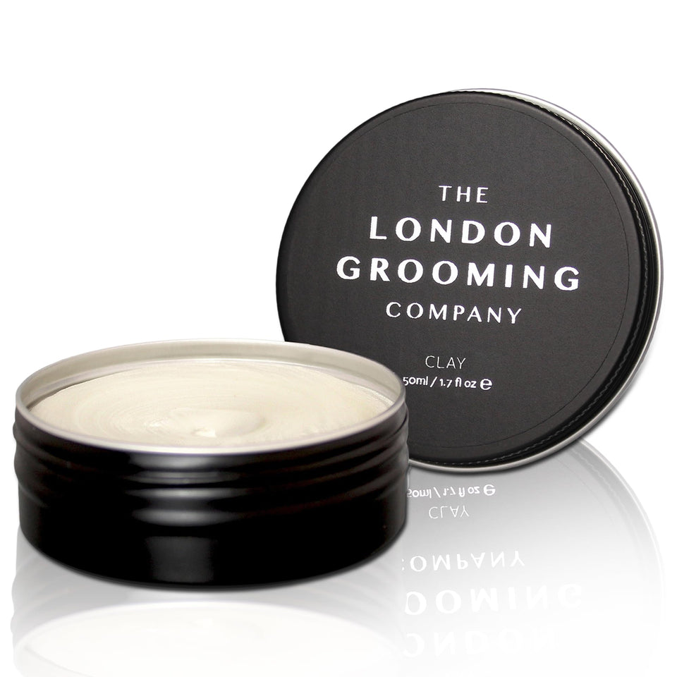 The London Grooming Company hair clay jar closeup showing firm matte hold