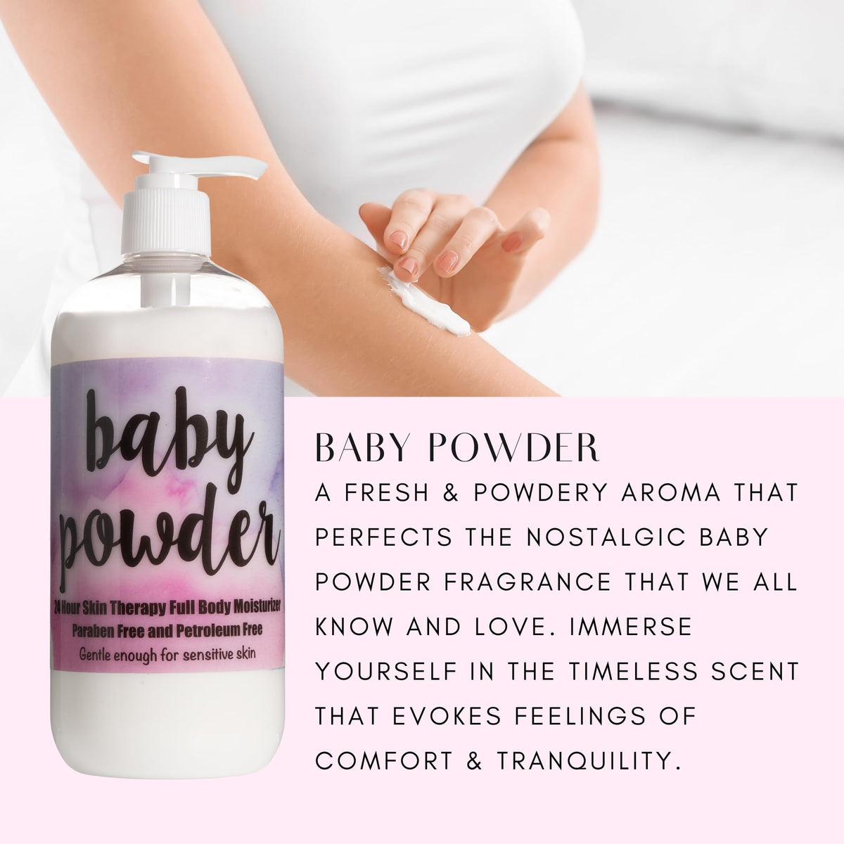 Close-up of The Lotion Company bottle label highlighting gentle skincare