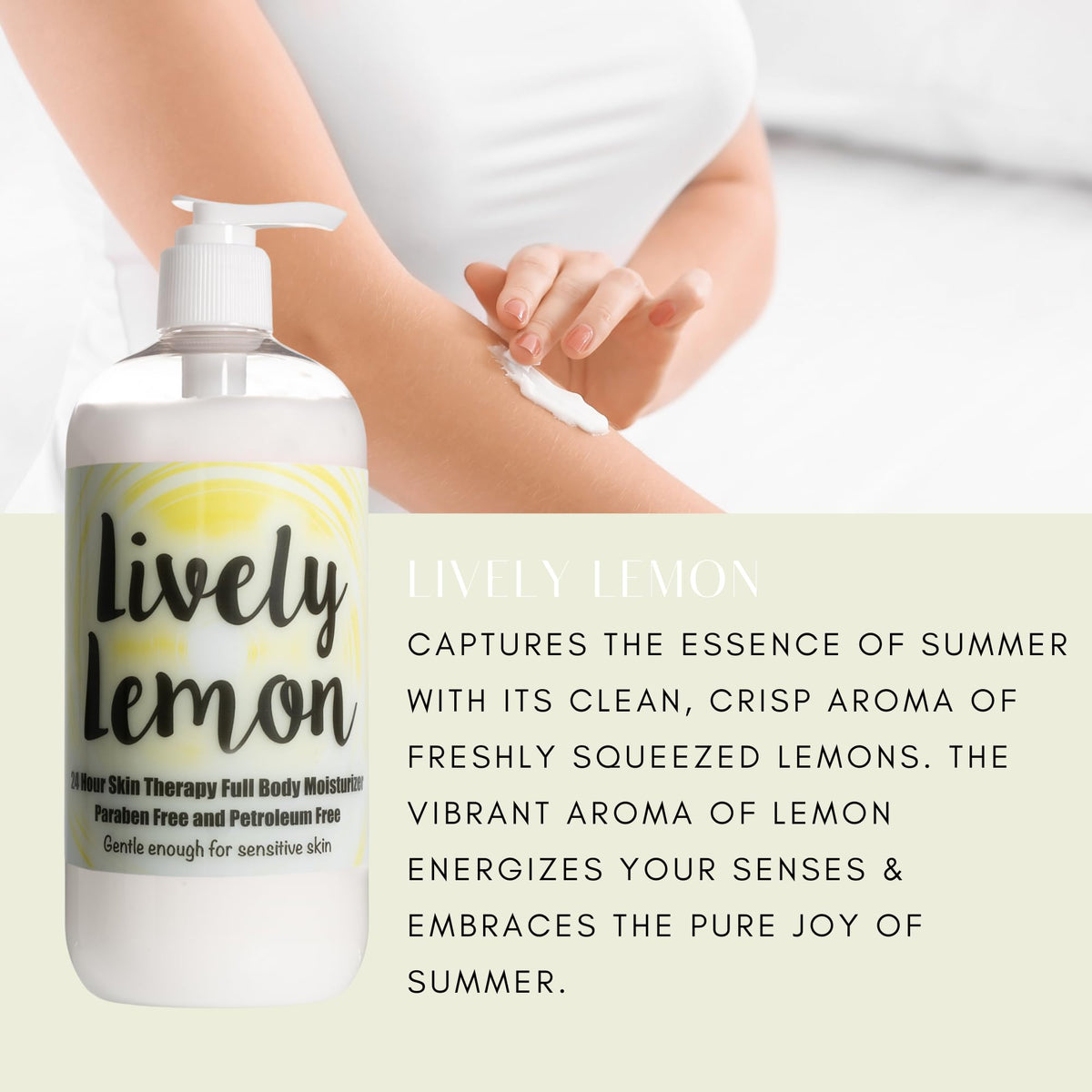 The Lotion Company Lively Lemon bottle back reveals ingredients and small-batch care.