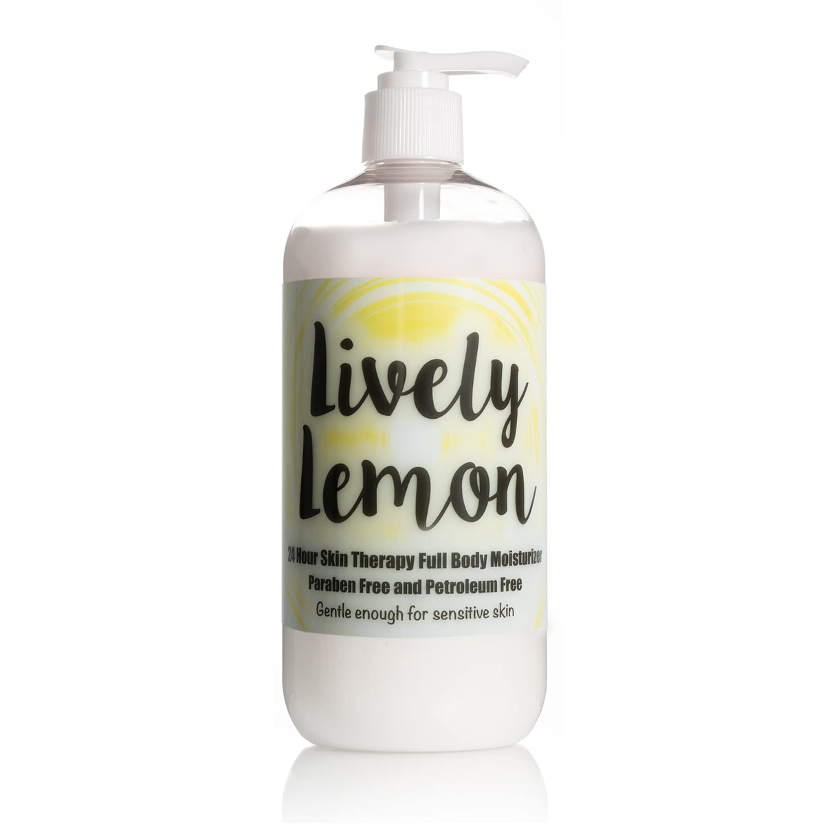 The Lotion Company Lively Lemon bottle front highlights a refreshing citrus moisturizer for daily hydration.