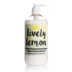 The Lotion Company Lively Lemon bottle front highlights a refreshing citrus moisturizer for daily hydration.