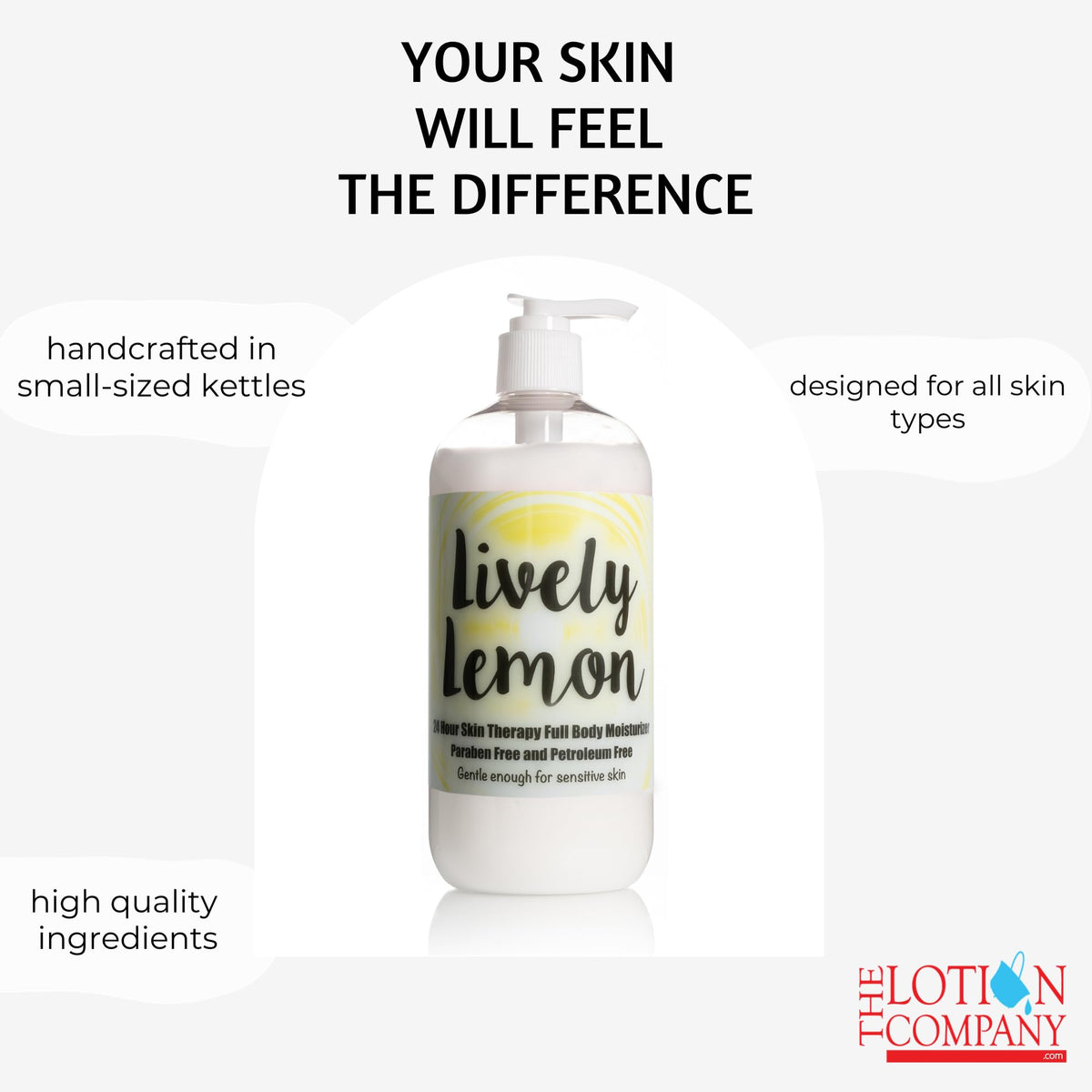 The Lotion Company Lively Lemon label detail emphasizes small-batch, American-made craftsmanship.
