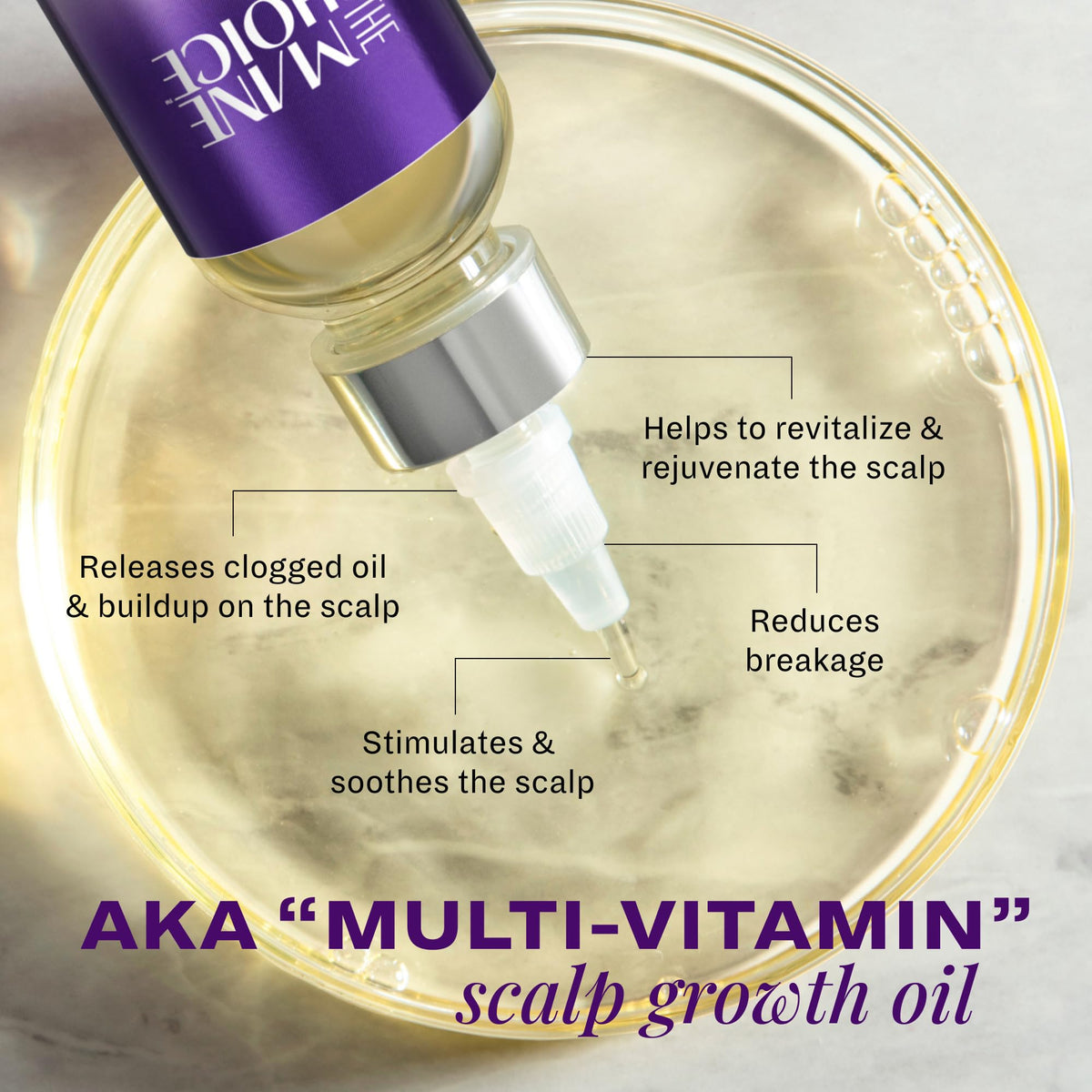 The Mane Choice Alpha Multi-Vitamin Scalp Nourishing Oil being massaged into the scalp for relief.