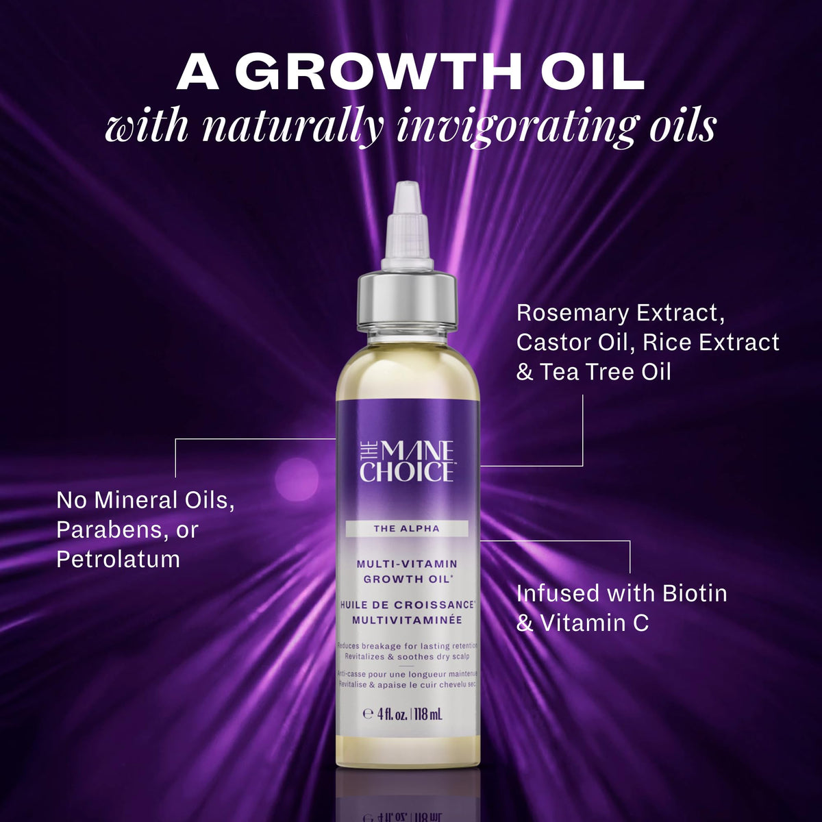 The Mane Choice Alpha Multi-Vitamin Scalp Nourishing Hair Oil ingredients highlight Vitamin C and Biotin.