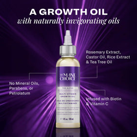 The Mane Choice Alpha Multi-Vitamin Scalp Nourishing Hair Oil ingredients highlight Vitamin C and Biotin.
