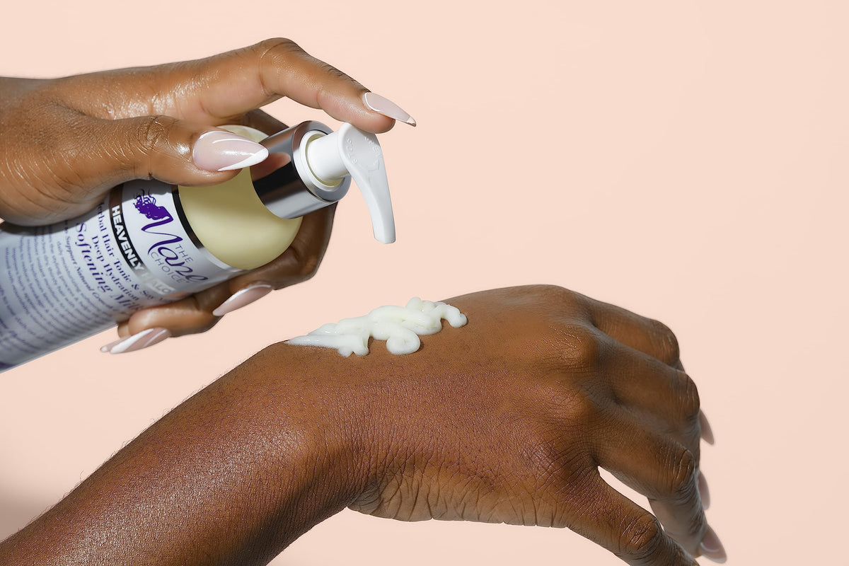 The Mane Choice Heavenly Halo hair application shows creamy texture that nourishes and softens hair.