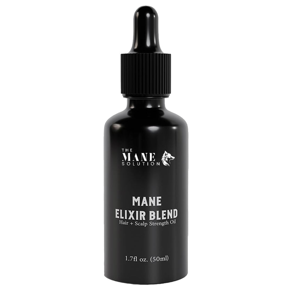 The Mane Solution Elixir bottle pouring for easy daily application.