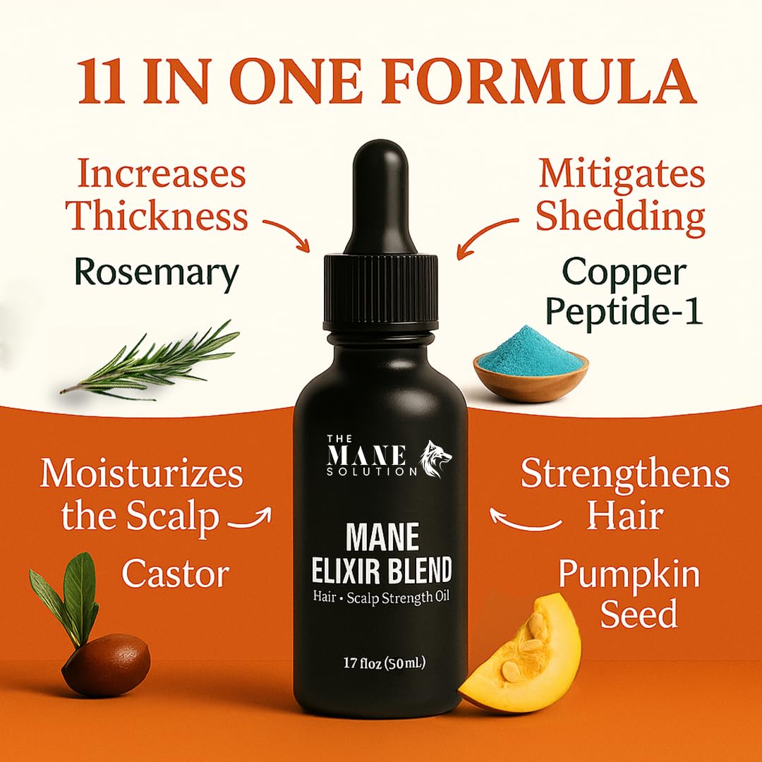 The Mane Solution Elixir ingredients close-up highlighting nourishing botanicals for the scalp.
