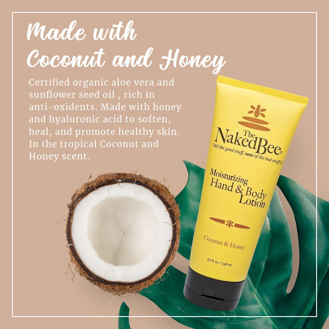 Label close-up of The Naked Bee Coconut & Honey lotion highlighting natural ingredients.