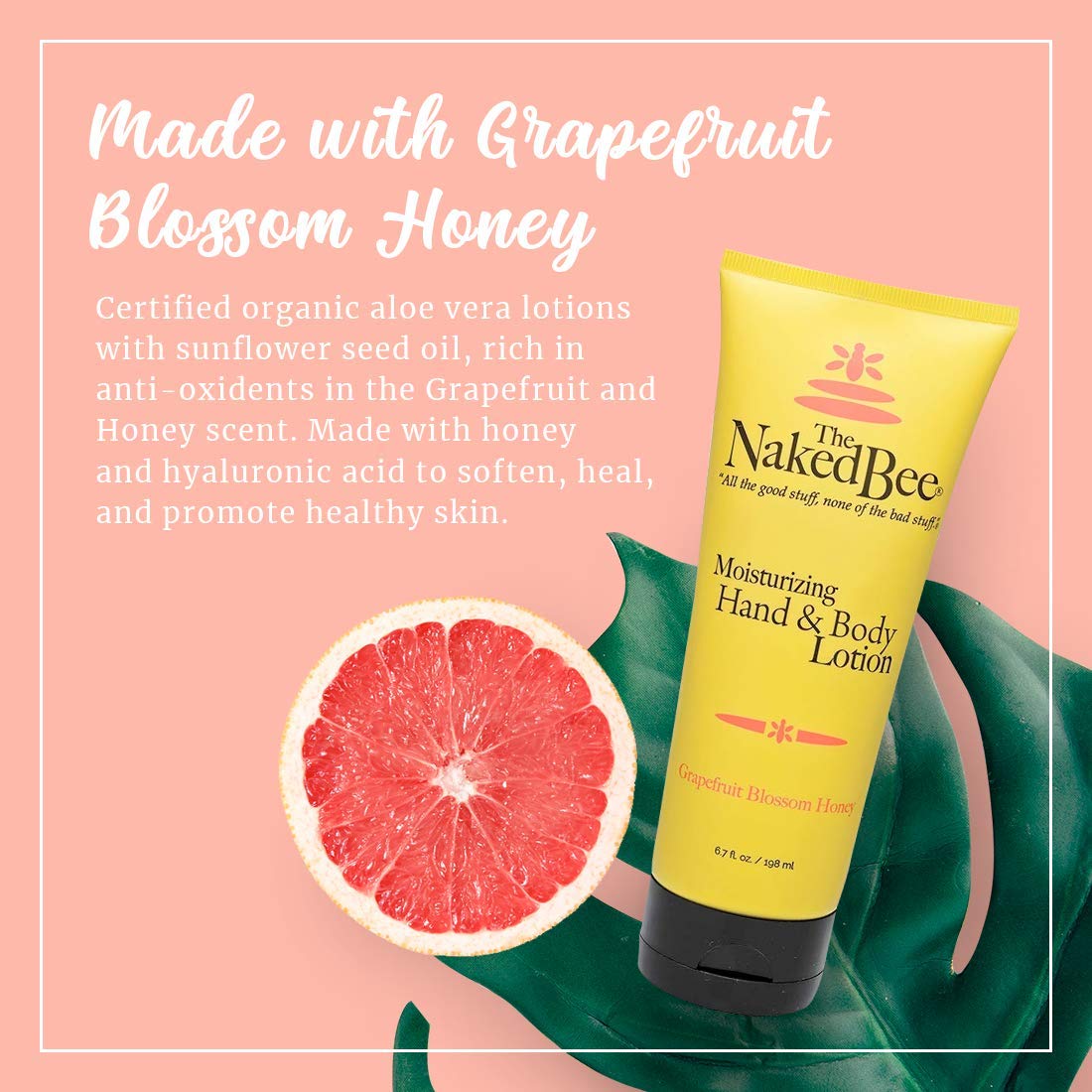 The Naked Bee Grapefruit Blossom Honey lotion label highlights clean ingredients.