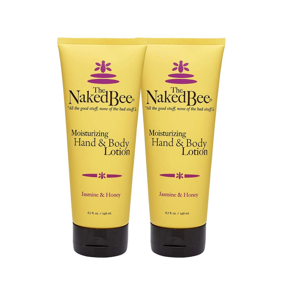 The Naked Bee Jasmine & Honey lotion bottle front view highlighting natural ingredients for hydrated skin.