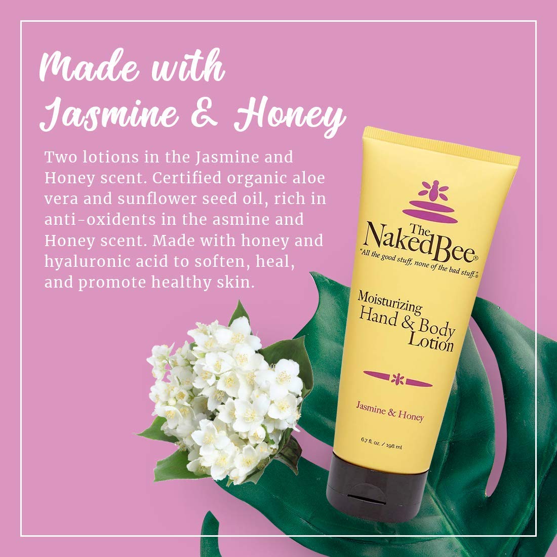 The Naked Bee Jasmine & Honey lotion label close-up emphasizing cruelty-free, USA-made quality.