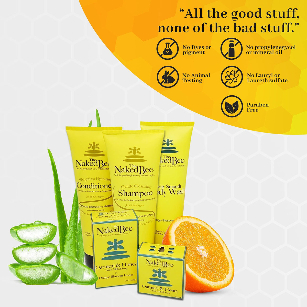 The Naked Bee ingredients panel shows spirulina for conditioning and balanced skin.