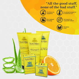 The Naked Bee ingredients panel shows spirulina for conditioning and balanced skin.