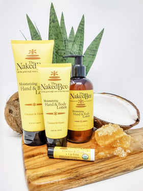 The Naked Bee Nourishing Body Lotion label closeup highlights coconut and honey for nourished skin.