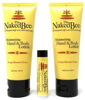 The Naked Bee Orange Blossom Lotion and Lip Balm set hydrates and protects lips and skin.