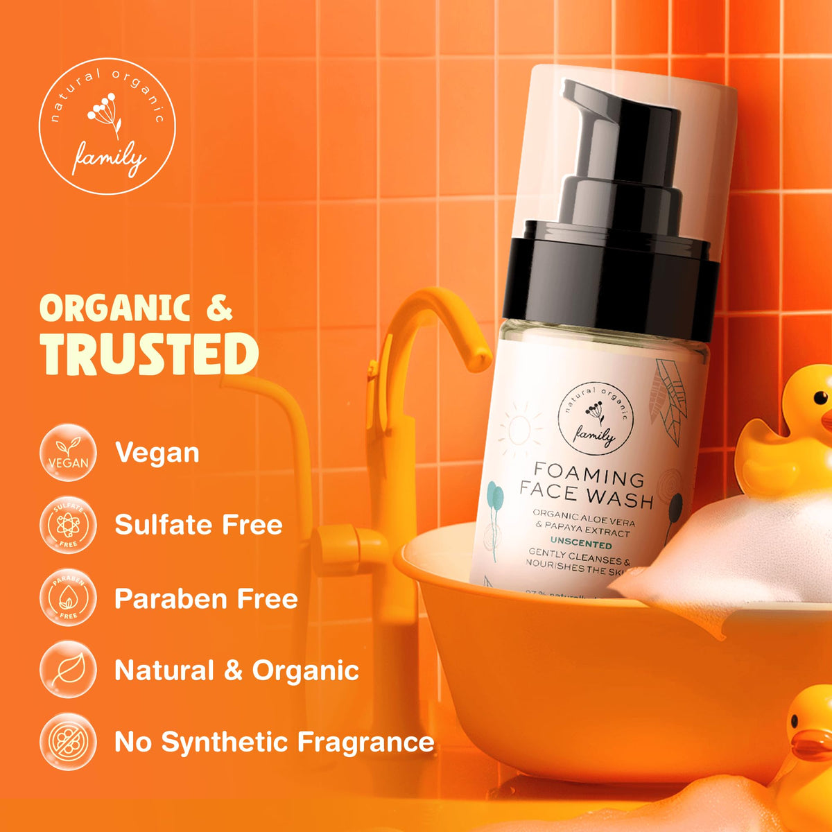 Close-up of The Natural and Organic Family foaming face wash foam, kid-friendly lather.