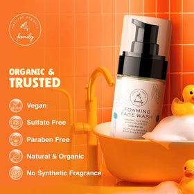 Close-up of The Natural and Organic Family foaming face wash foam, kid-friendly lather.