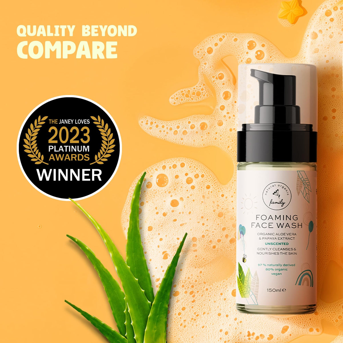 Packaging using recyclable materials and a pump for easy daily use by The Natural and Organic Family.