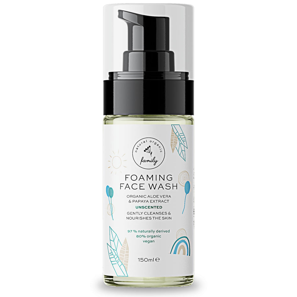 The Natural and Organic Family kids foaming face wash bottle, unscented gentle cleanser for delicate skin.