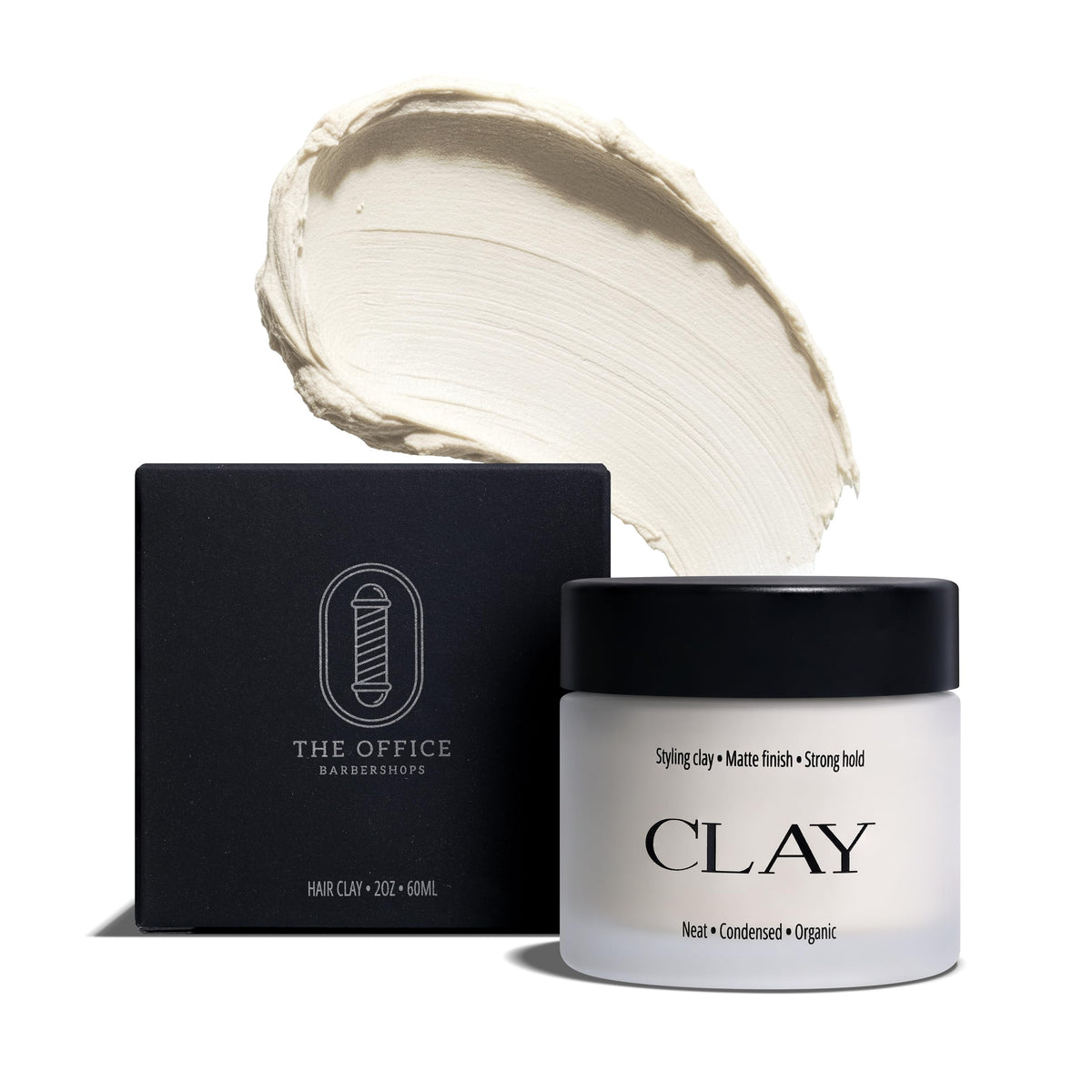 The Office Barbershops Hair Clay packshot showing strong hold with a natural matte finish.