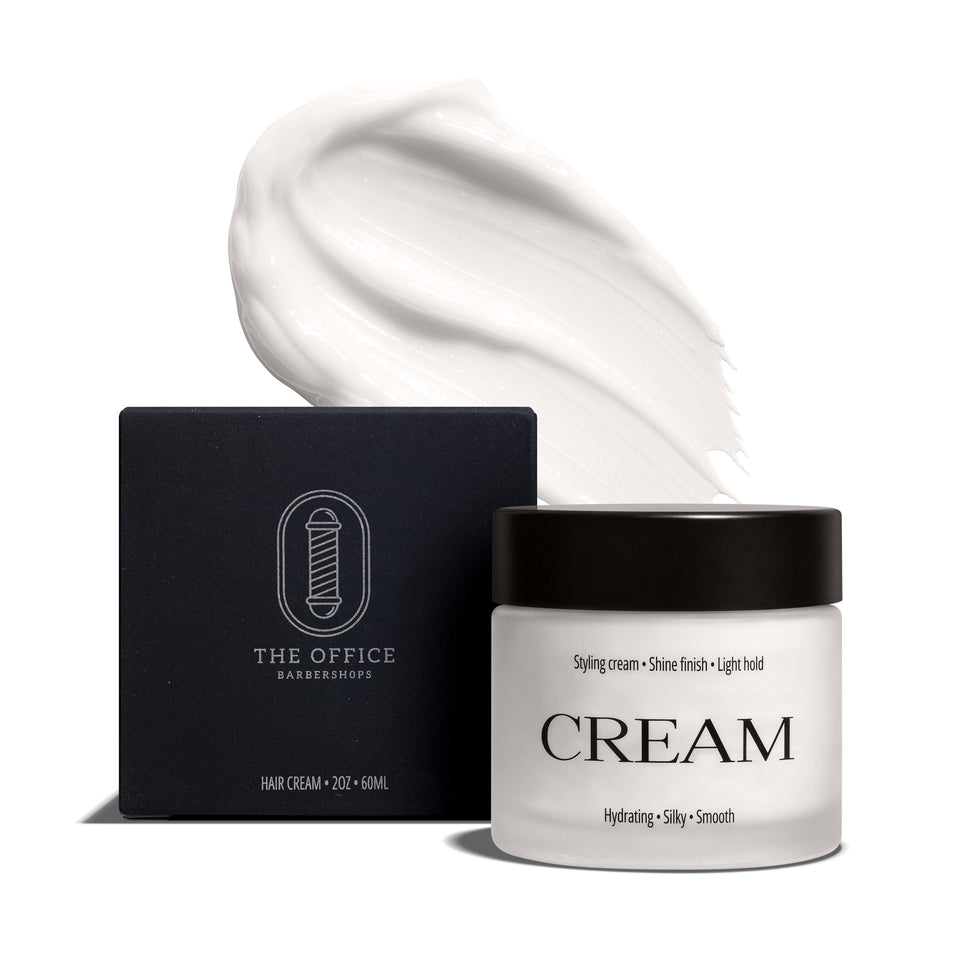 The Office Barbershops hair cream bottle shows light hold and natural shine.