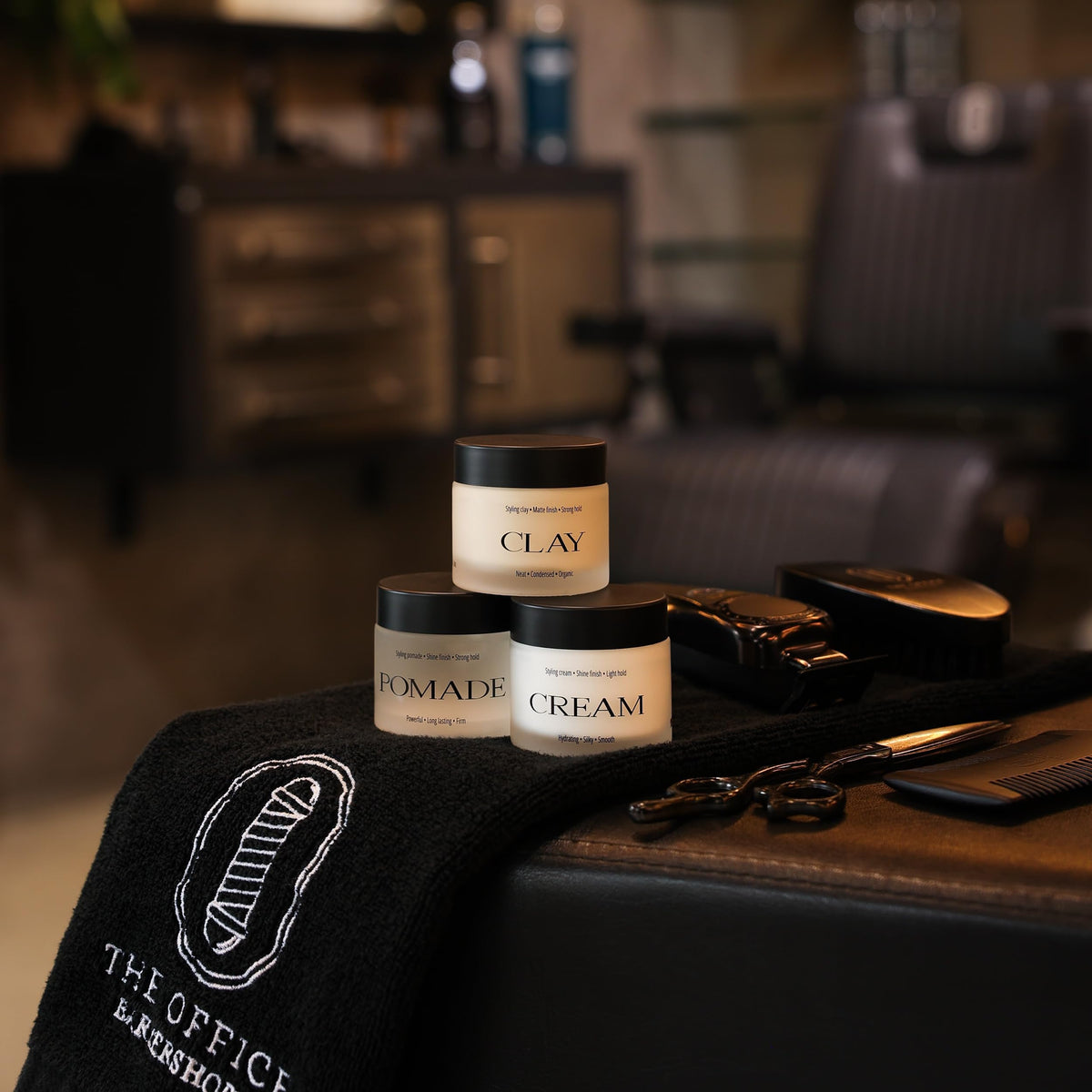 The Office Barbershops packaging display with USA-made claim and clean design.