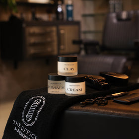 The Office Barbershops packaging display with USA-made claim and clean design.