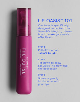 Vegan, gluten-free The Outset Lip Oasis formula close-up on packaging.