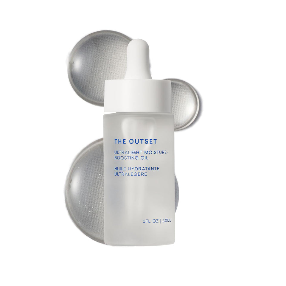 The Outset Ultralight Face Oil bottle showing quick, non-greasy hydration.