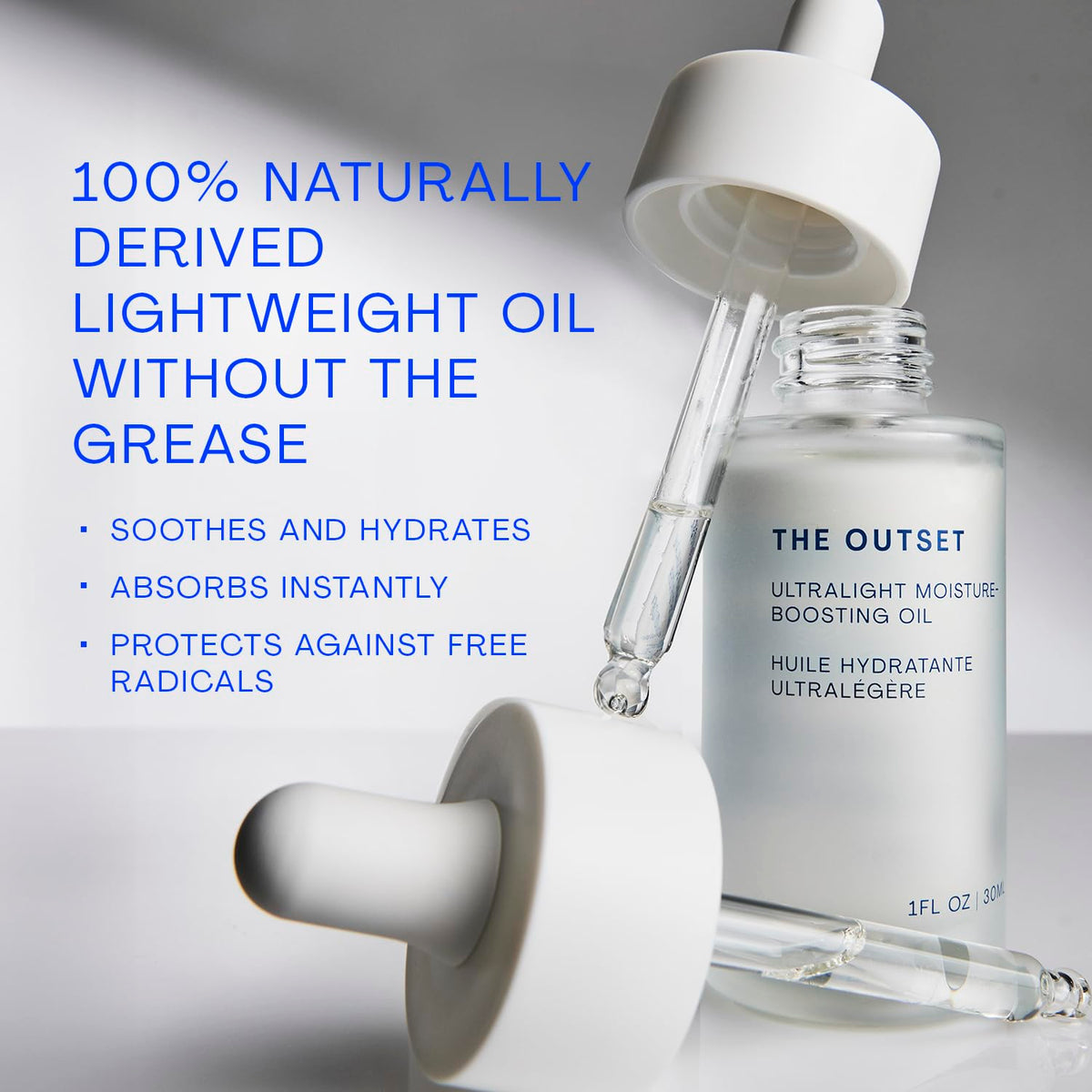 The Outset Ultralight Face Oil dropper dispensing a precise, tiny amount.