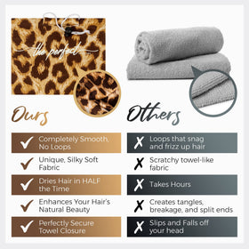 The Perfect Haircare clip detail shows a patented no-slip clip securing the wrap.