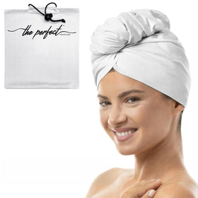 The Perfect Haircare microfiber hair towel wrap with clip keeps hair secure during drying.