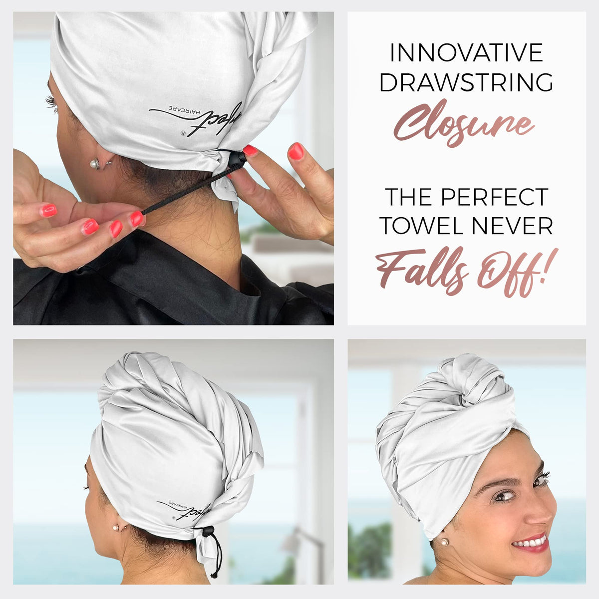 The Perfect Haircare wrap is lightweight and travel-friendly for gym, pool, or overnight skincare routines.