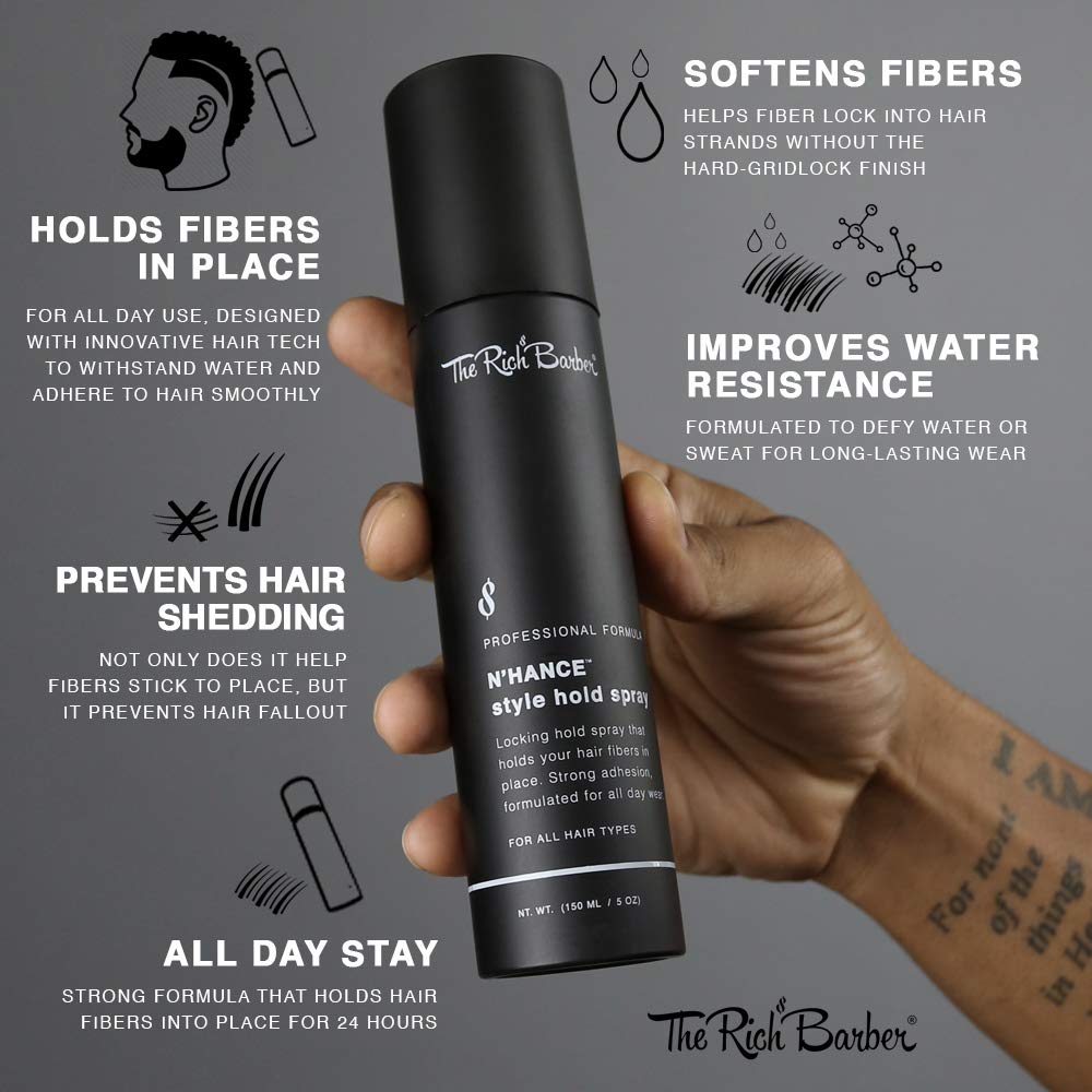 The Rich Barber N’Hance Hold Spray applicator shown for precise fiber placement.