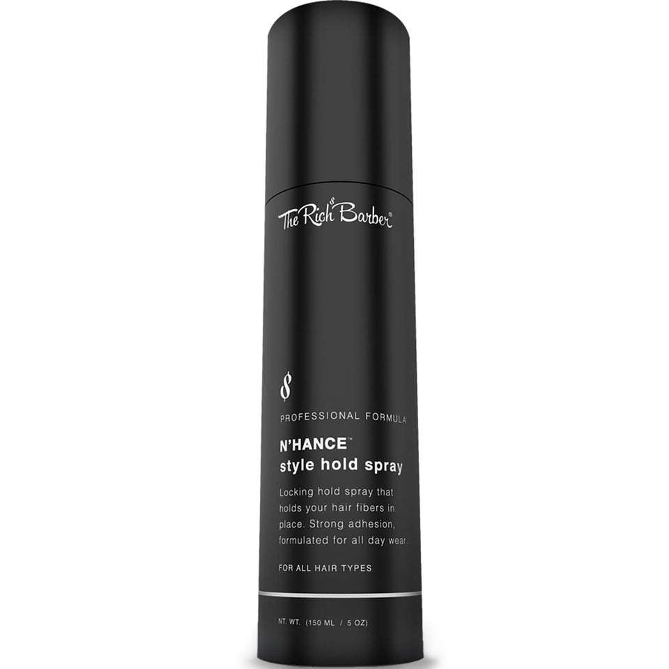 The Rich Barber N’Hance Hold Spray bottle for long-lasting hold and natural concealment.